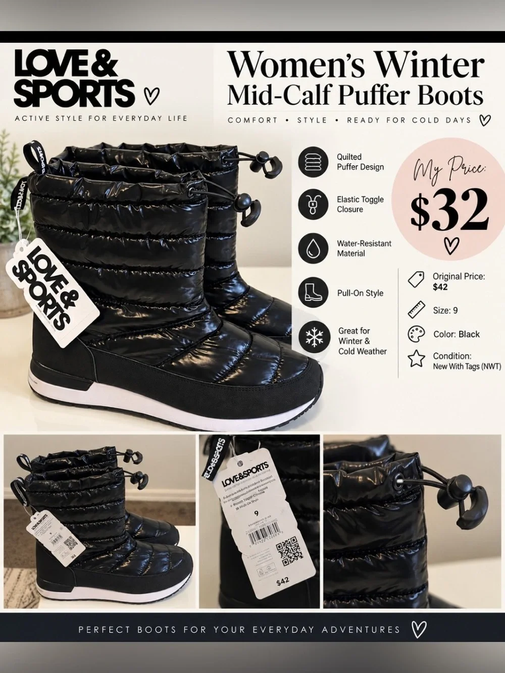 Love & Sports Kids' Black Mid-Calf Puffer Boots